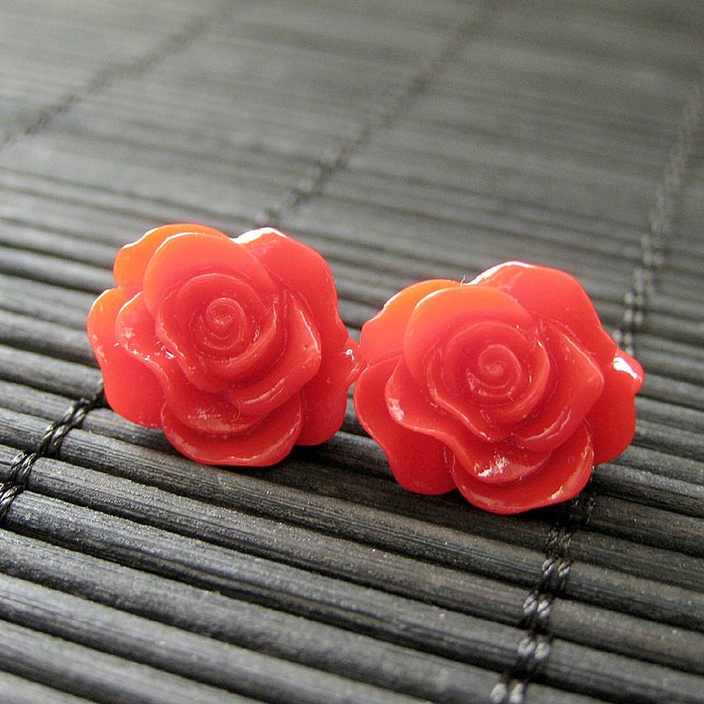 Red Rose Flower Earrings With Bronze Post Earrings. Flower Etsy
