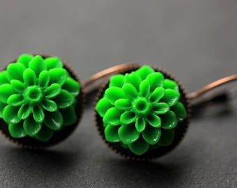 Green Dahlia Flower Earrings. French Hook Earrings. Green Flower Earrings. Lever Back Earrings. Handmade Jewelry.