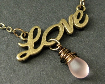 Love Necklace. Bronze Charm Necklace with Wire Wrapped Pink Teardrop. Handmade Jewelry.