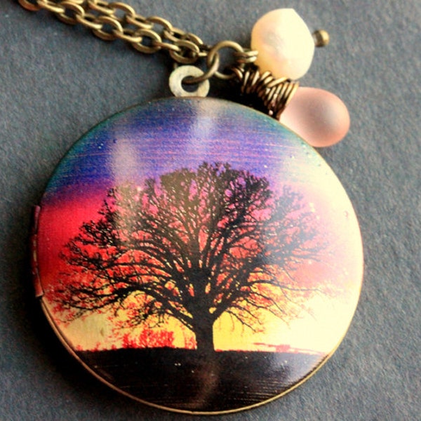 Tree Locket Necklace. Sunset Necklace. Tree Necklace with Pink Teardrop and Fresh Water Pearl. Handmade Jewelry.