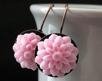 Pink Dahlia Flower Earrings. French Hook Earrings. Pink Flower Earrings. Lever Back Earrings. Handmade Jewelry.