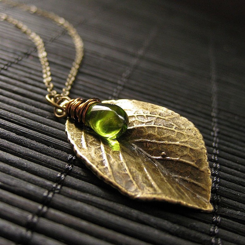 Leaf Necklace in Bronze. Leaf Charm Necklace with Wire Wrapped Glass Teardrop Charm. Handmade Jewelry. image 2