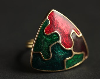 Perfect Fit Puzzle Ring. Puzzle Piece Ring. Cloisonne Ring. Gold Ring. Cocktail Ring. Adjustable Ring. Jewel Tone Enamel Ring.