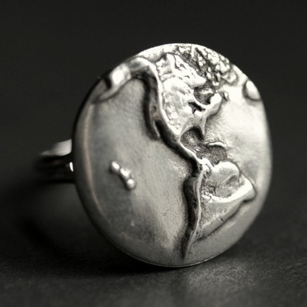 Earth Ring. World Ring. Pewter Button Ring. Planet Earth Ring. Adjustable Ring. Silver RIng. Handmade Ring. Pewter Ring. Handmade Jewelry.