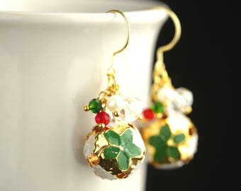 Christmas Bell Earrings. Green Earrings. Gold Bell Earrings. Christmas Earrings. Gold Earrings. Holiday Earrings. Chistmas Jewelry.