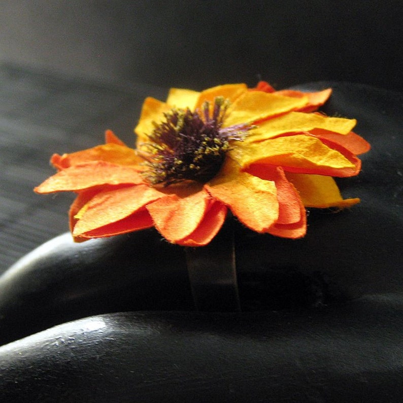Orange Flower Ring with Orange Paper Daisy Flower and Adjustable Ring Base in Bronze. Handmade Jewelry. image 2