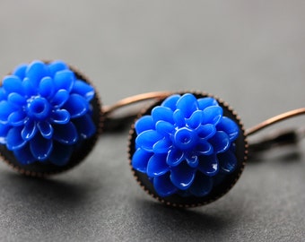 Cobalt Blue Dahlia Flower Earrings. French Hook Earrings. Cobalt Blue Flower Earrings. Lever Back Earrings. Handmade Jewelry.
