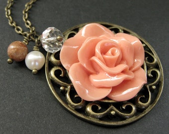 Peach Rose Charm Necklace. Rose Necklace. Gemstone Necklace. Flower Necklace. Handmade Jewelry.