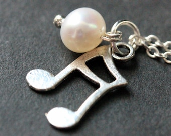 Silver Musical Note Necklace. Fresh Water Pearl Charm Necklace. (Choose Your Color) Handmade Jewlery.