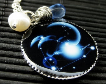 Capricorn Zodiac Necklace. Sun Sign Charm Necklace in Blue. Handmade Jewelry.