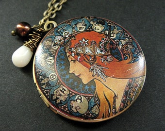 Zodiac Woman Necklace. Art Nouveau Necklace with White Coral and Fresh Water Pearl. Handmade Jewelry.