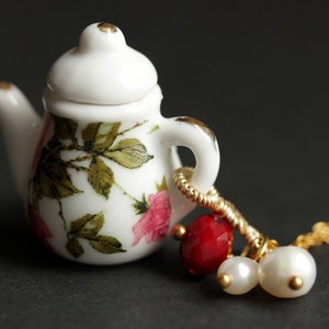 Red Rose Teapot Necklace. Porcelain Tea Pot Necklace with Red Crystal and Pearl Charms. Red Necklace. Gold Necklace. Handmade Jewelry.