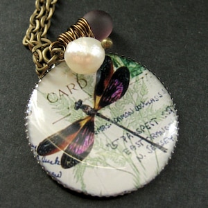 Dragonfly Necklace. Purple Dragonfly Pendant with Purple Teardrop and Fresh Water Pearl. Handmade Jewellery.