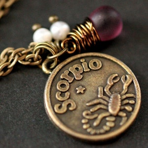 Scorpio Astrology Necklace. Zodiac Necklace with Glass Teardrop and Fresh Water Pearl. Scorpio Horoscope Necklace. Handmade Jewelry.