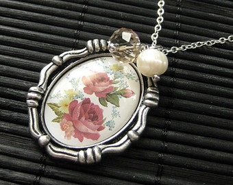 Victorian Rose Charm Necklace in Aged Silver with Pink Crystal and Fresh Water Pearl. Handmade Jewelry.