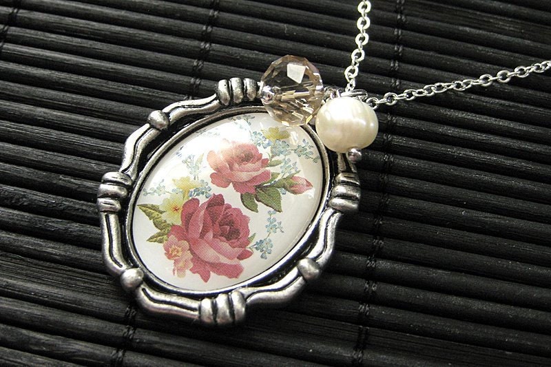 Victorian Rose Charm Necklace in Aged Silver with Pink Crystal and Fresh Water Pearl. Handmade Jewelry.