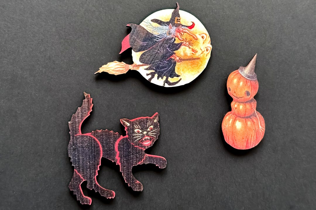 Fun Halloween Magnets. Set of Three. Vintage Pumpkin Stack, Black Cat ...