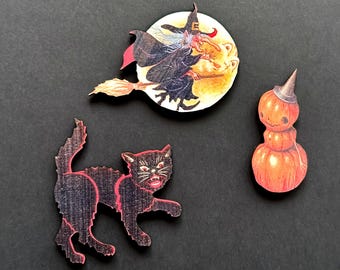 Fun Halloween Magnets. Set of Three. Vintage Pumpkin Stack, Black Cat, Flying Witch Fridge Magnets. Halloween Magnets. Kitchen Decor.