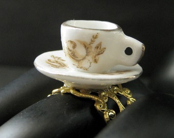 Golden Harvest Teacup Ring in White with Gold Flowers. Gold Filigree Adjustable Ring. Handmade Jewelry.