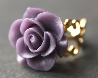 Dark Purple Rose Ring. Dark Purple Flower Ring. Gold Ring. Silver Ring. Bronze Ring. Copper Ring. Adjustable Ring. Handmade Jewelry.