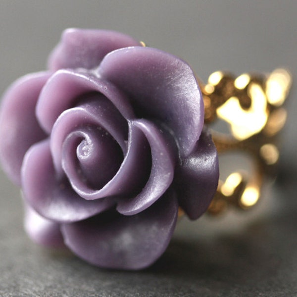 Dark Purple Rose Ring. Dark Purple Flower Ring. Gold Ring. Silver Ring. Bronze Ring. Copper Ring. Adjustable Ring. Handmade Jewelry.