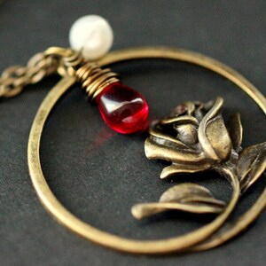 Rose Necklace in Bronze. Charm Necklace with Wire Wrapped Red Teardrop and Fresh Water Pearl. Handmade Necklace.