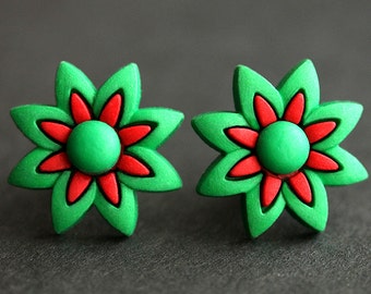 Holiday Flower Earrings. Christmas Earrings. Green and Red Earrings. Bronze Stud Earrings. Holiday Earrings. Handmade Xmas Jewelry.