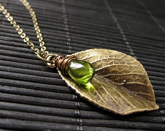 Leaf Necklace in Bronze. Leaf Charm Necklace with Wire Wrapped Glass Teardrop Charm. Handmade Jewelry.