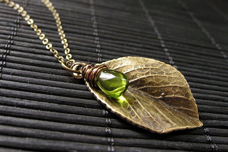 Leaf Necklace in Bronze. Leaf Charm Necklace with Wire Wrapped Glass Teardrop Charm. Handmade Jewelry. image 1