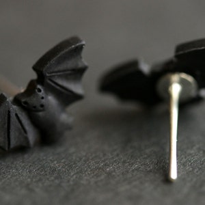 Halloween Earrings. Spooky Bat Earrings. Black Bat Earrings. Halloween Jewelry. Silver Stud Earrings. Post Earrings. Handmade Jewelry. image 4