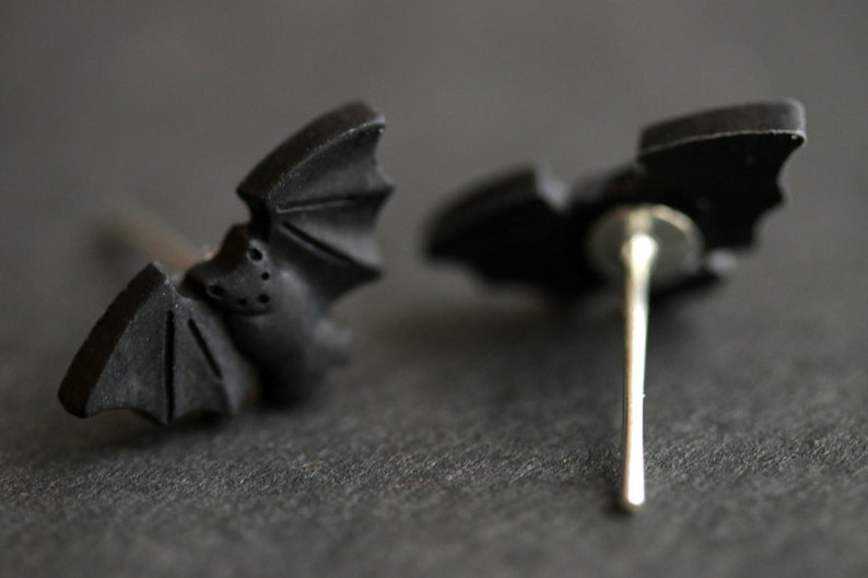 Halloween Earrings. Spooky Bat Earrings. Black Bat Earrings. Halloween Jewelry. Silver Stud Earrings. Post Earrings. Handmade Jewelry. image 4