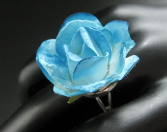 Turquoise Blue Flower Ring with Dyed Paper Rose Flower. Adjustable Ring in Silver. Handmade Jewelry.