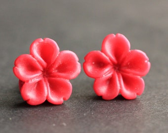 Hot Pink Flower Earrings. Hot Pink Earrings. Bronze Post Earrings. Innie Flower Button Jewelry. Stud Earrings. Handmade Jewelry.