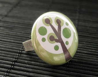 Spring Tree Button Ring with Silver Adjustable Ring Base. Handmade Jewelry.