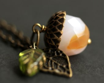 Acorn Necklace. Vanilla Latte Acorn Pendant. Crystal Acorn Necklace. Bronze Acorn Charm Necklace. White Acorn Jewelry.