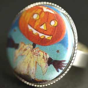 Cute Pumpkin Scarecrow Ring. Halloween Ring. Vintage Picture Ring. Adjustable Ring. Silver Ring. Halloween Jewelry. Handmade Ring. image 2