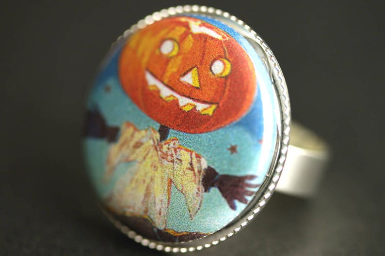 Cute Pumpkin Scarecrow Ring. Halloween Ring. Vintage Picture Ring. Adjustable Ring. Silver Ring. Halloween Jewelry. Handmade Ring. image 2