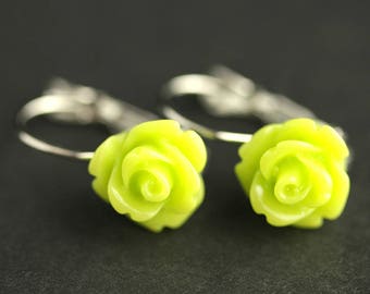 Lime Green Rose Earrings. Rose Dangle Earrings. Lime Green Earrings. Flower Earrings. Silver Leverback Earrings. Flower Jewelry.