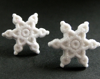 Snowflake Earrings No.0 - White Snow Earrings with Silver Stud Earring Backs. Winter Earrings. Handmade Jewelry.