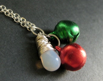 Jingle Bells Necklace. Red and Green Holiday Necklace. Silver Christmas Necklace. Handmade Jewelry.