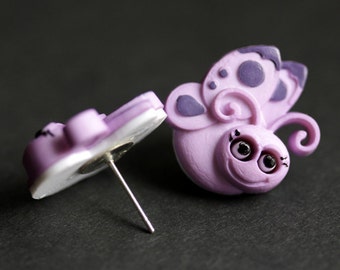 Bug Earrings. Purple Bug Button Earrings. Bug Jewelry. Stud Earrings. Purple Earrings. Post Earrings. Butterfly Earrings. Handmade Jewelry.