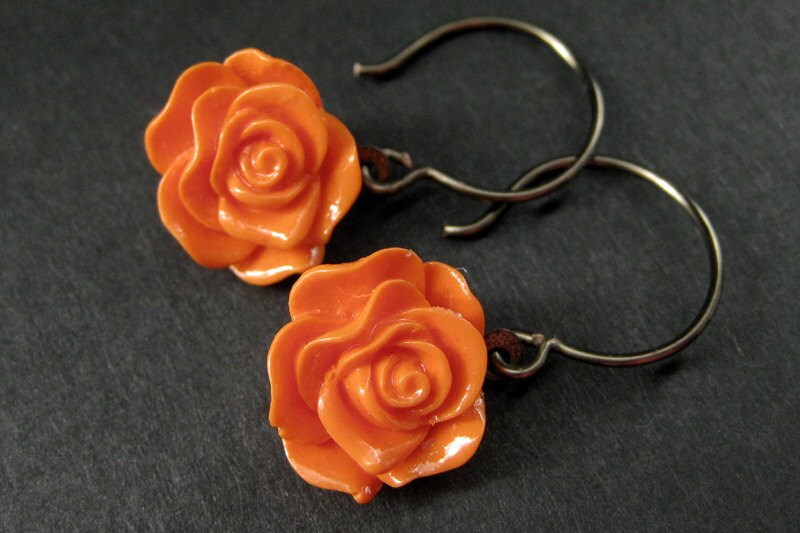 Rose Dangle Earrings in Bronze. Rose Earrings. Rose Jewelry. Handmade Jewelry. (PICK YOUR COLOR)