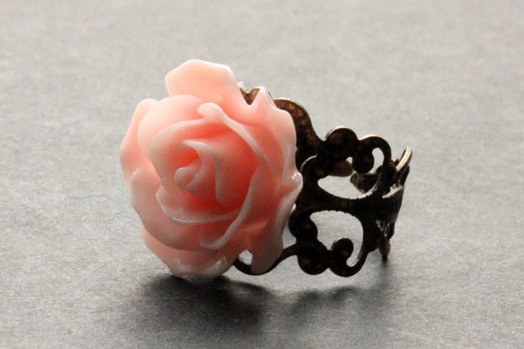 Peachy Pink Rose Ring. Peach Pink Flower Ring. Filigree Ring ...