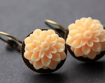 Apricot Dahlia Flower Earrings. French Hook Earrings. Light Peach Flower Earrings. Lever Back Earrings. Handmade Jewelry.