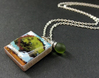 Scrabble Tile Necklace. Tree Necklace. Charm Necklace with Frosted Green Teardrop. Handmade Jewelry.