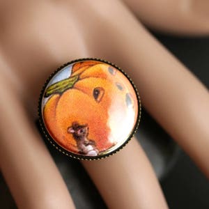 Mouse Ring. Halloween Ring. Pumpkin Ring. Vintage Graphic Button Ring. Jack o'Lantern Ring. Adjustable Ring. Bronze Ring. Halloween Jewelry. image 2