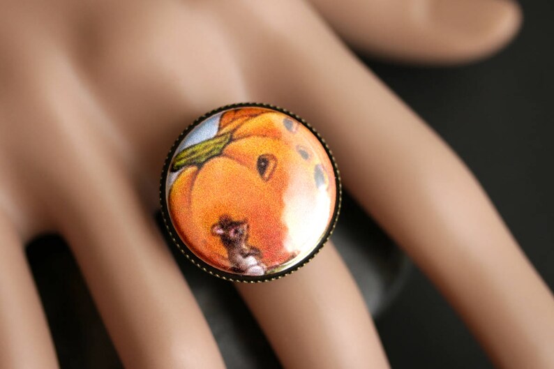 Mouse Ring. Halloween Ring. Pumpkin Ring. Vintage Graphic Button Ring. Jack o'Lantern Ring. Adjustable Ring. Bronze Ring. Halloween Jewelry. image 2