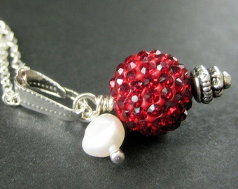 Red Kissing Ball Necklace. Red Necklace. Red Rhinestone Necklace with Fresh Water Pearl. Handmade Jewelry.