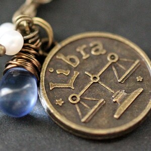 Libra Astrology Necklace. Zodiac Necklace with Glass Teardrop and Fresh Water Pearl. Libra Horoscope Necklace. Handmade Jewelry.