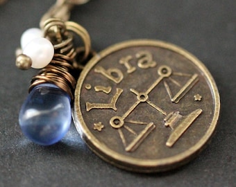 Libra Astrology Necklace. Zodiac Necklace with Glass Teardrop and Fresh Water Pearl. Libra Horoscope Necklace. Handmade Jewelry.